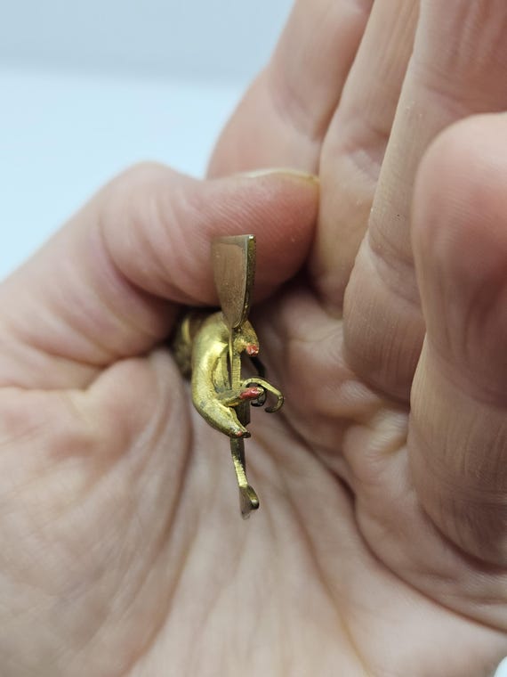1930s 40s goldtone hand holding a glass metal brooch red nails kitsch rare perfect Christmas gift present View 5