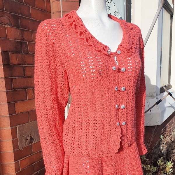 Stunning 1960s 70s peachy coral crochet knit skirt suit collar detail and pale blue grey button handmade beautiful could be styled 1930s