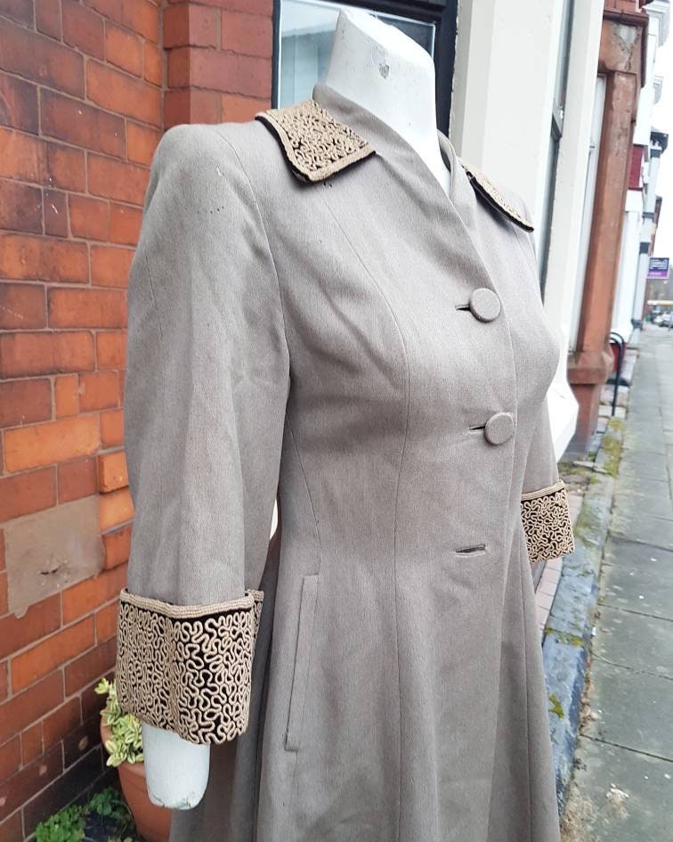 Image of stylish Grey Brown S Wool Coat With Amazing Wide Sleeves Decorative Soutache Embroidery & Yo Collar Too