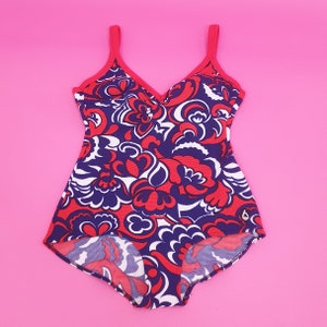 Sale wonderful 1960s psychedelic blue red white patterned swimsuit holiday Summer festival Beach sea mod