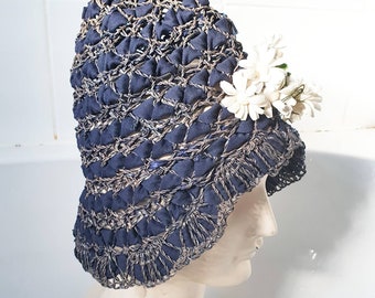 Sale Cute 1920s navy blue handwoven pixie style cloche hat very unusual with white floral decoration