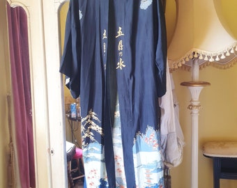 Stunning 1920s pongee silk robe with fab Japanese design rarer darker colours art deco jazz age Boho hippy jacket
