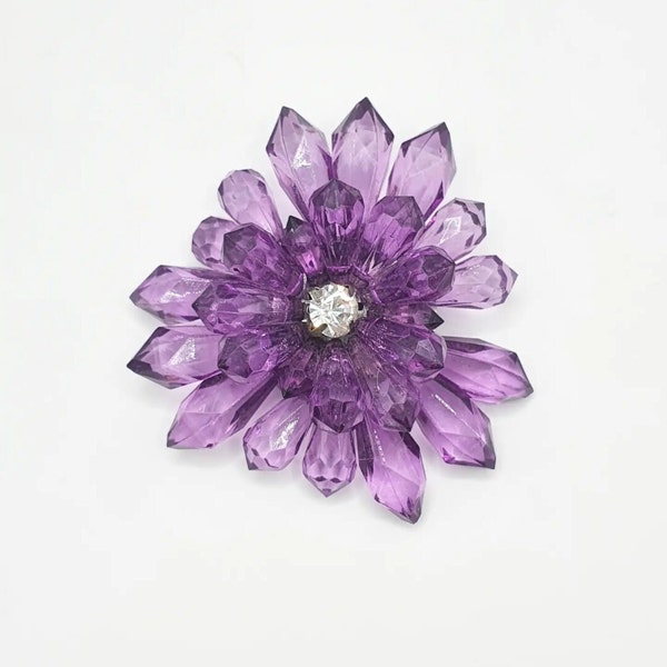 Fab 1950s 60s purple plastic brooch in a floral motif diamanté centre kitsch perfect stocking filler Christmas gift present