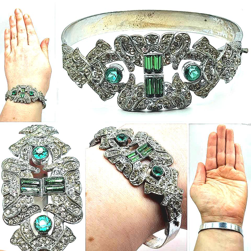 Original 1930s Art Deco Emerald Green Faceted Czech Glass Paste Silver Tone Bracelet!