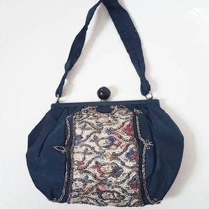 Sold as seen gorgeous 1920s 30s dark navy beaded patterned evening bag with lovely clasp and compartments and purse and mirror