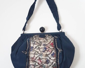 Sold as seen gorgeous 1920s 30s dark navy beaded patterned evening bag with lovely clasp and compartments and purse and mirror