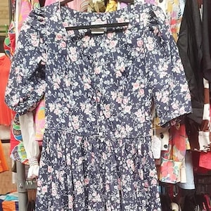 Cute 1980s Laura Ashley navy cotton printed floral dress perfect for Summer