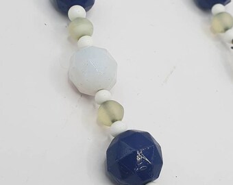 Collier Vintage Perles Pâte De Verre Bleue Opaline - Confection Bijoux France - Occasion