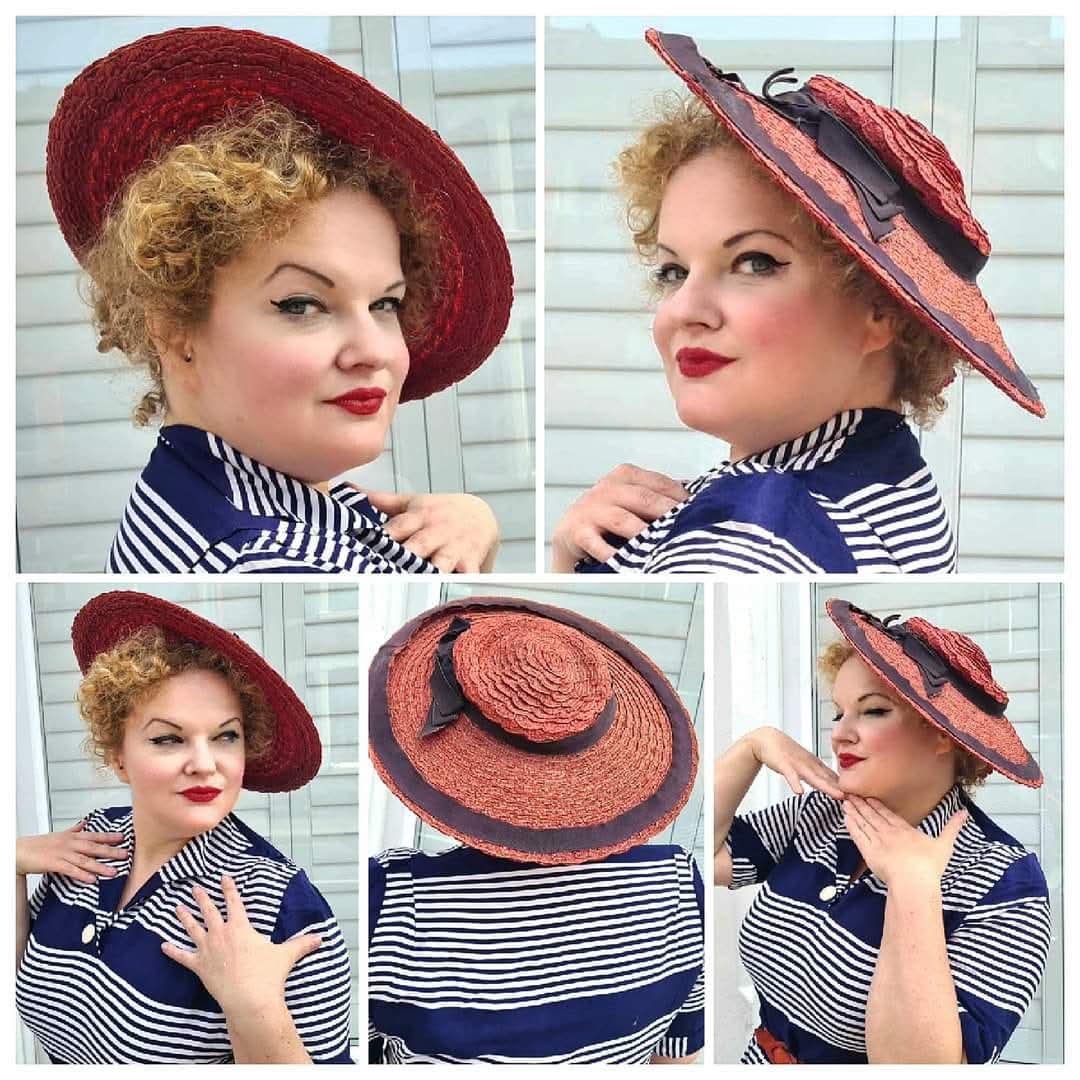 Original Late 1930s Red Straw Wide Brimmed Tilt Hat With 