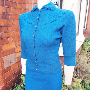 Beautiful late 1940s 50s bright turquoise wool knit suit collar top cardigan and skirt perfect for Winter pin up stylish classic