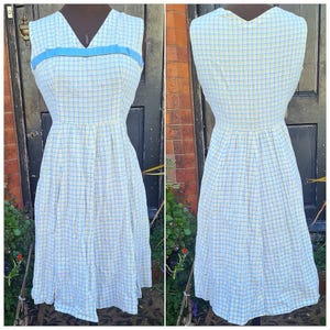 Original 1950s Blue, Yellow and White Gingham Cotton Summer Dress with Contrasting Blue Bow!