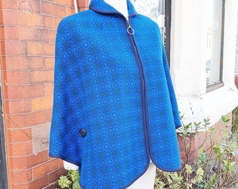 Fab 1960s 70s Welsh wool blue and green Cape Button fastening under the arms zip fastening very boho fabulousness