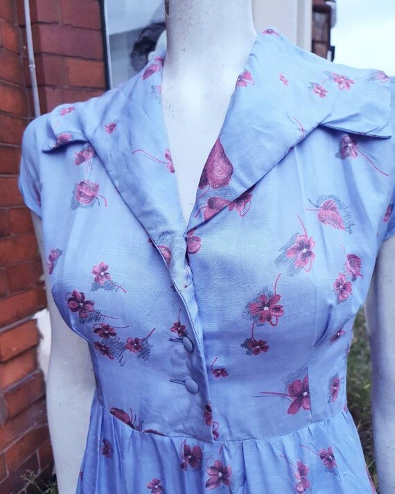 Original 1950's Pale blue flocked organza full length dress. Size Uk 8 (US 6, EU 36)