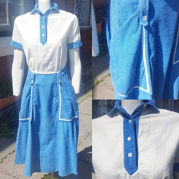 Sale stylish 1940s sporty style suit made from blue towelling material and cream thick canvas cotton with large pocket details
