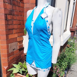Sale super cute 1950s deadstock turquoise white colour lock and spotted halter neck polished cotton swimsuit rushed elasticated back