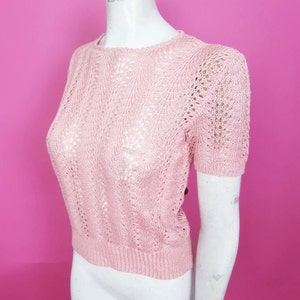 Beautiful 1940s 50s hand knitted crocheted pale pink top back button fastening