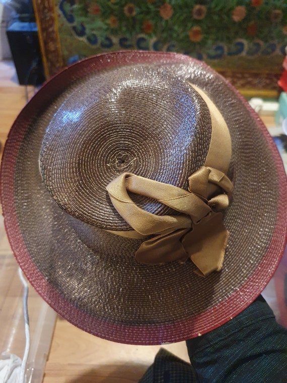 Amazing late 1930s 40s straw tilt hat with bow de… - image 8