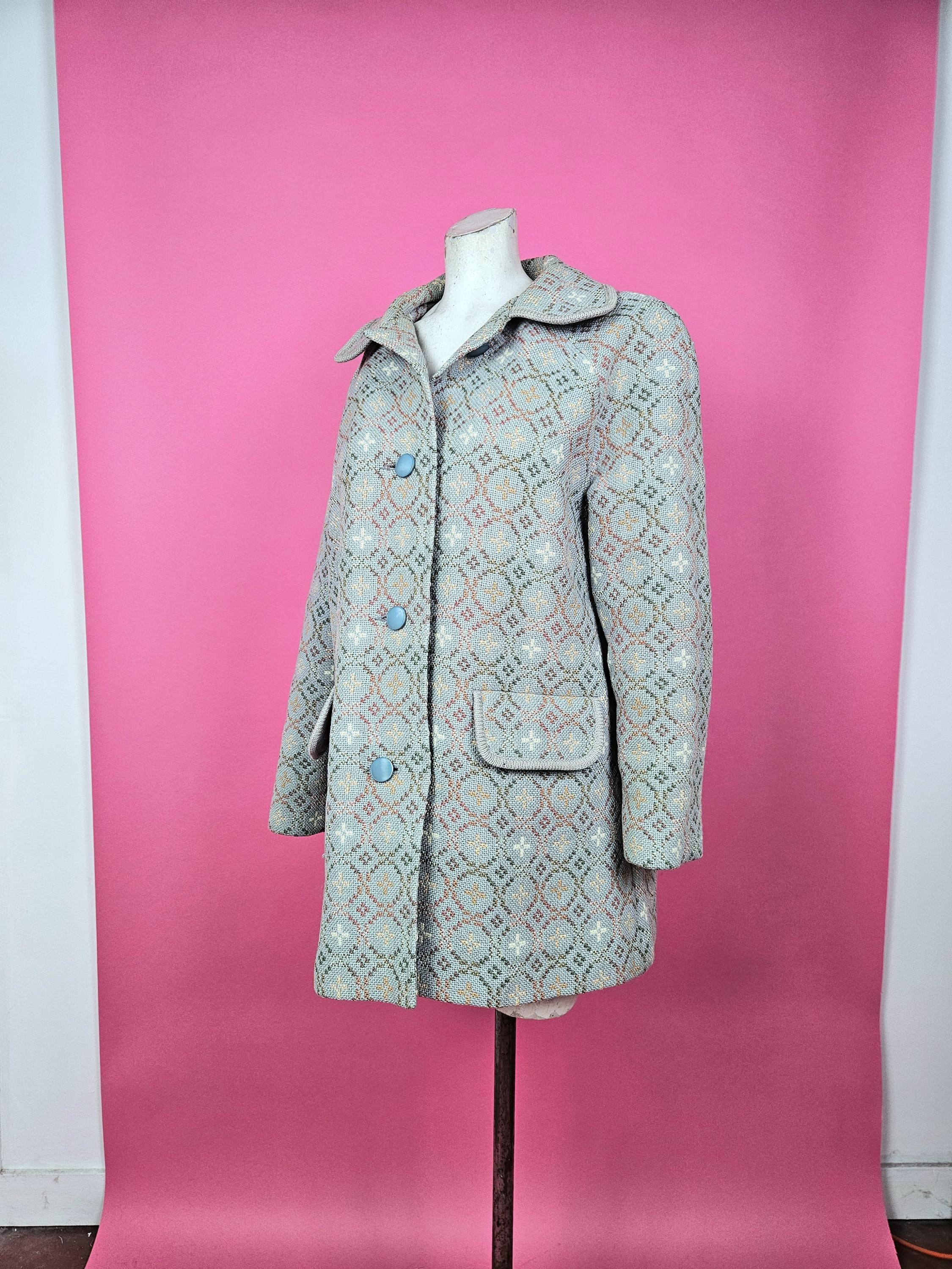 Gorgeous 1960s 70s Welsh Wool Woven Jacket Coat in Very Pale Blue