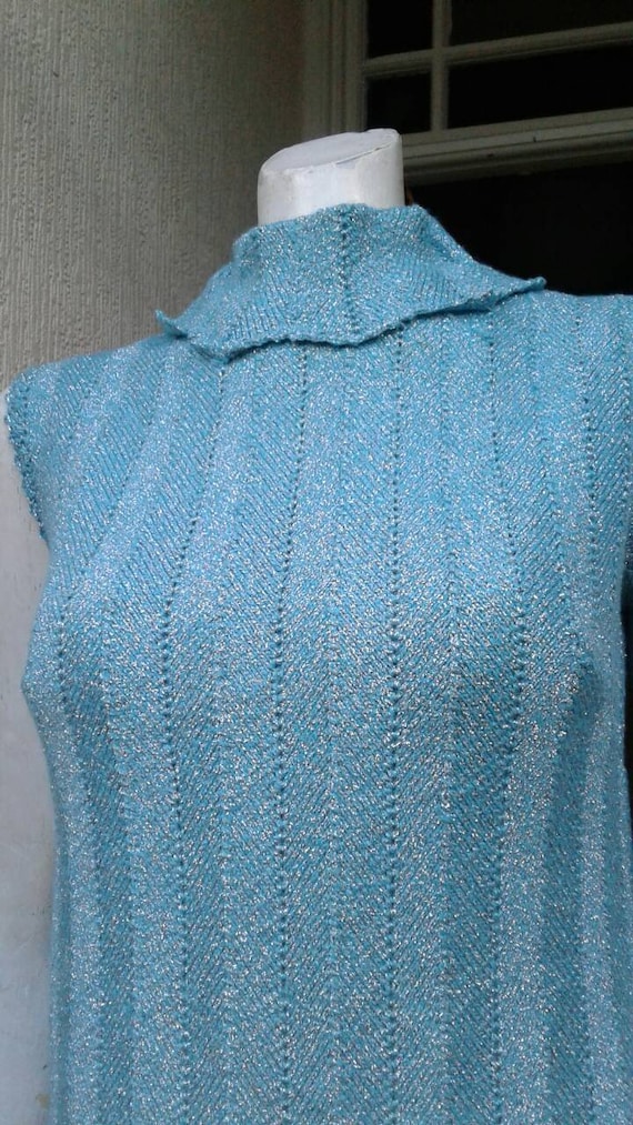 Sale sparkly 1960s aqua blue metallic lurex knitt… - image 2