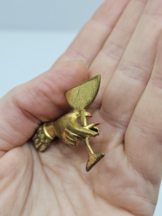 1930s 40s goldtone hand holding a glass metal brooch red nails kitsch rare perfect Christmas gift present View 4
