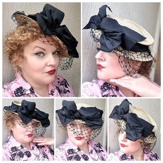 Glamorous Vintage 1940s Navy Fine Weave & Ribbon Hat Vintage 1940s Navy Blue Straw Hat With Velvet Bow - Etsy main image 4