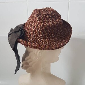 Sale Lovely jaunty late 1930s 40s brown orange cream woven hat in a synthetic plastic type material with big brown ribbon detail at back image 6