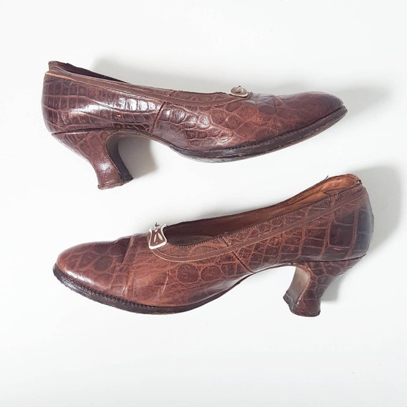 Sale Stylish 1920s Brown Leather Shoes With Animal Skin Pattern Has a Beautiful Little Early Celluloid Art Deco Shoe Decoration at Front Etsy