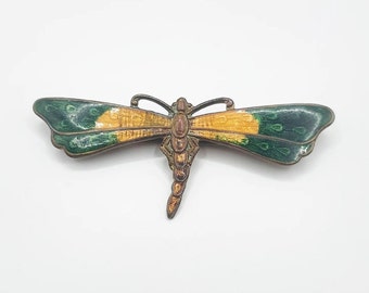 Beautiful antique Edwardian 1920s dragonfly enamel brass brooch perfect Christmas gift