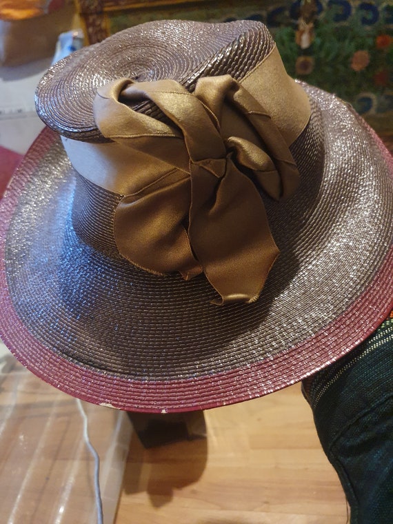 Amazing late 1930s 40s straw tilt hat with bow de… - image 7