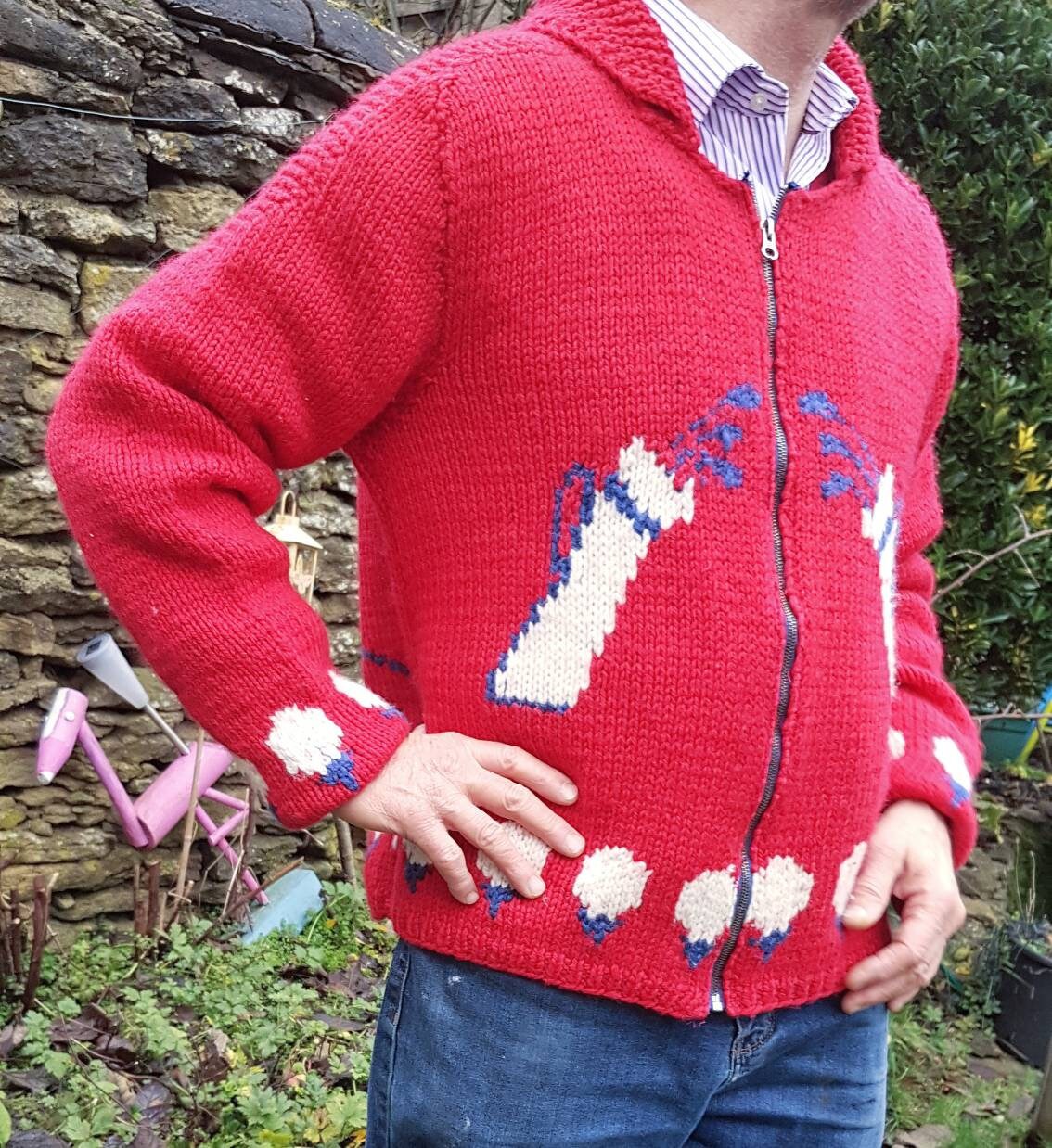 Image of Sale Stylish 1950S 60S Chunky Snuggly Winter Warming Hand Knitted Red Golf Novelty Cardigan Great Gift For A Lover