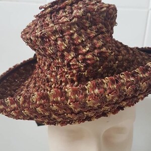 Sale Lovely jaunty late 1930s 40s brown orange cream woven hat in a synthetic plastic type material with big brown ribbon detail at back image 2