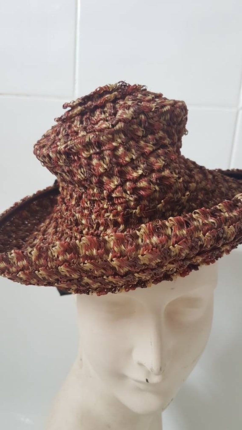 Sale Lovely jaunty late 1930s 40s brown orange cream woven hat in a synthetic plastic type material with big brown ribbon detail at back image 2