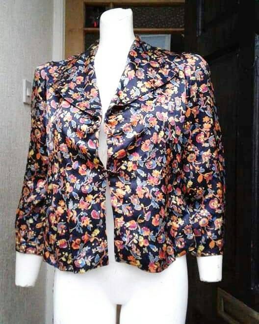 Image of stunning S Volup Silky Satin Glowing Navy Orange Yellow Red & Blue Floral Printed Jacket With The Most Fab Crepe Lining