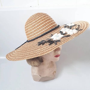 Romantic 1940s wide brim straw hat with and embroidered floral design perfect for Summer