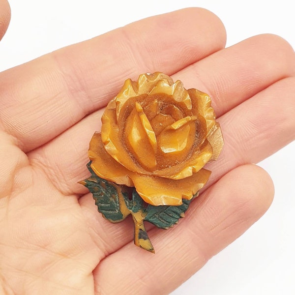 Cute 1940s bakelite carved rose brooch in orange and green perfect Valentines day gift wartime make do and mend