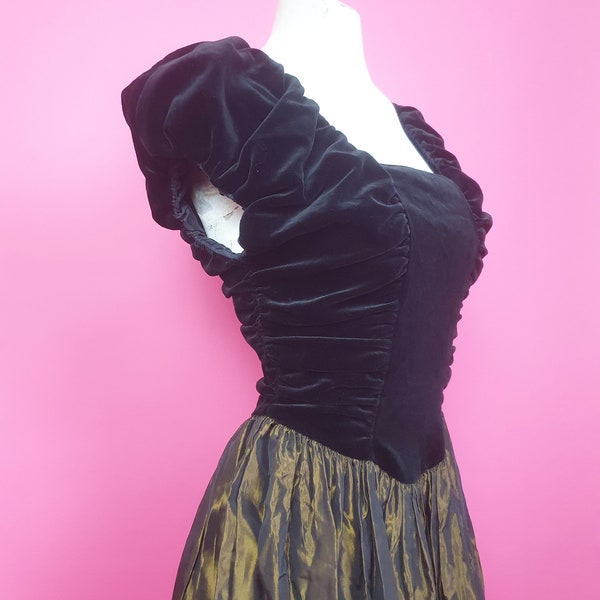 Gorgeous 1980s Laura Ashley dress velvet top and olive green taffeta skirt perfect party wear Christmas New Years Eve