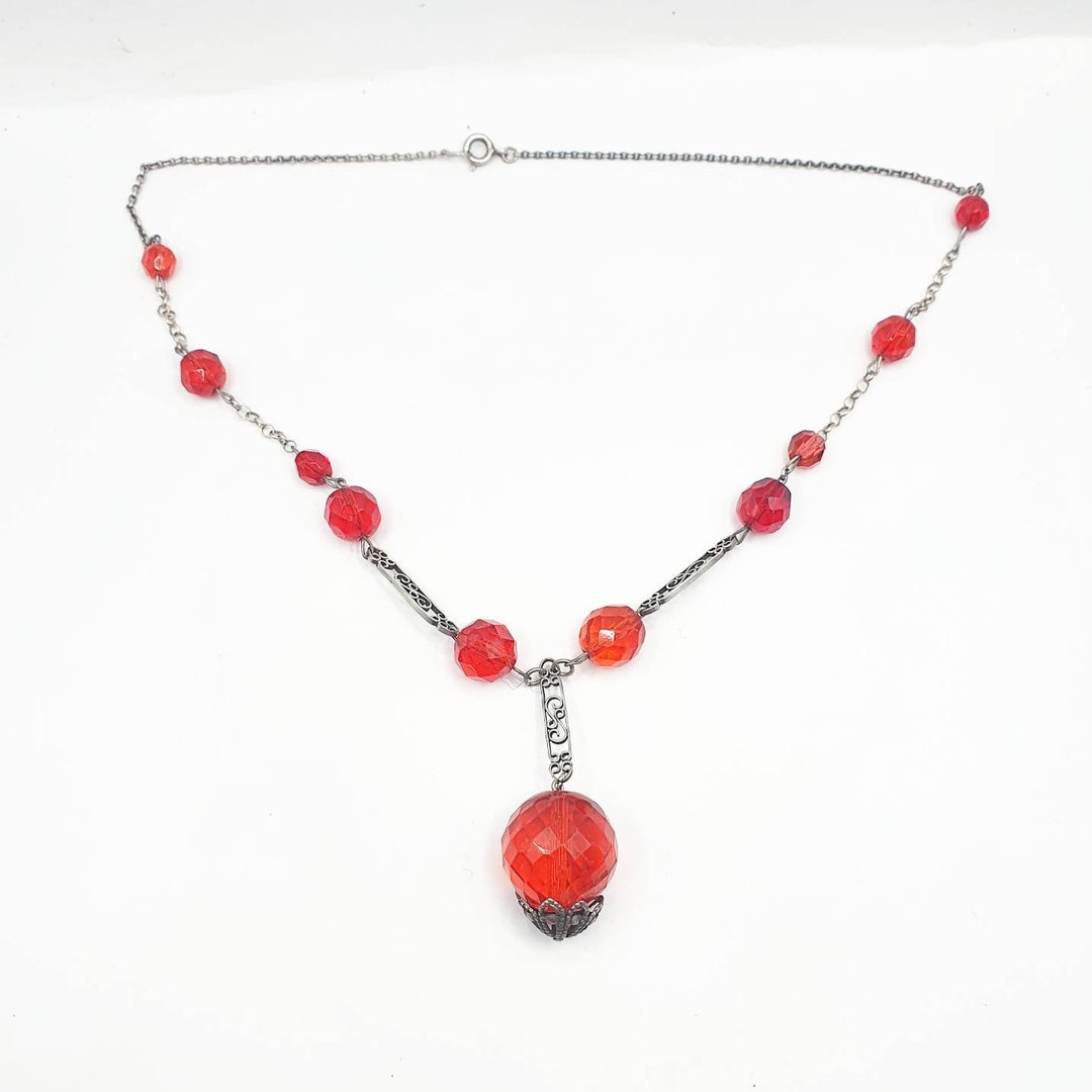 Collier Perles En Verre Framboise Vintage Années 1930/1960 - Laiton, Style Rétro