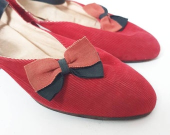 Cute 1930s red corduroy shoes with black and red bows art deco black leather strap perfect Christmas gift