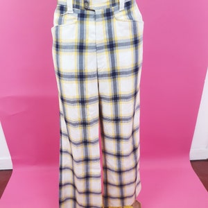 Fab 1970s cream yellow blue checked flares hippy disco funk Festival