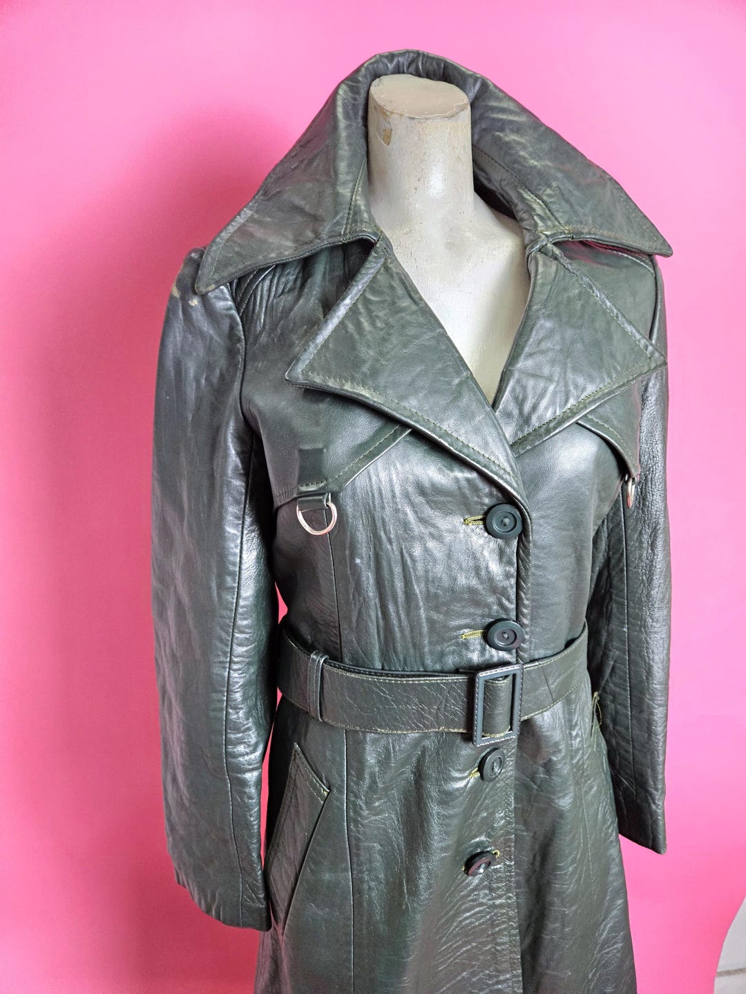 Stylish 1970s Dark Green Leather Jacket Fab Details Big Collar