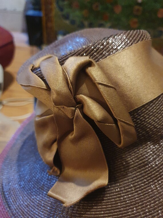 Amazing late 1930s 40s straw tilt hat with bow de… - image 6