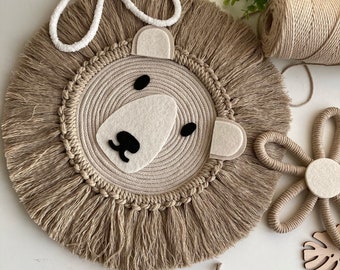 Décoration de chambre d'enfant tête d'ours en macramé et corde de coton