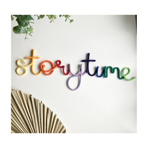 Multicoloured rainbow storytime wall rope wire sign for nursery , kids room , reading corner or playroom, bookworm gift idea , read sign