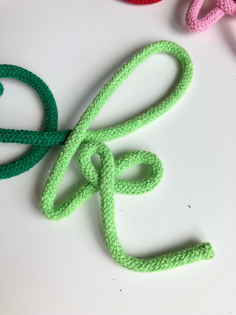 Puede incluir: Una cuerda trenzada de color verde claro con forma de letra K cursiva. La cuerda tiene una superficie tejida texturizada y est&aacute; colocada junto a un segmento de cuerda verde oscuro a la izquierda y una peque&ntilde;a parte de un segmento rosa arriba.