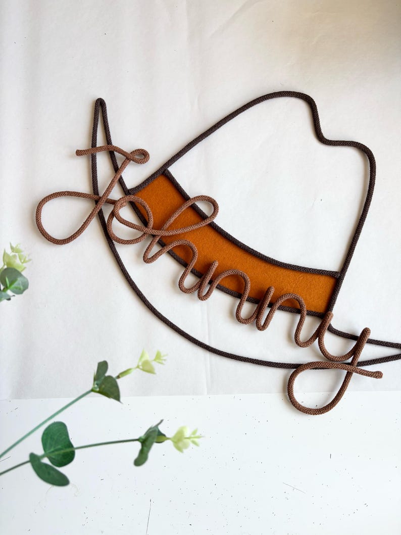 Custom cowboy hat name wall hanging, great for toddlers, nurseries, or themed playrooms.