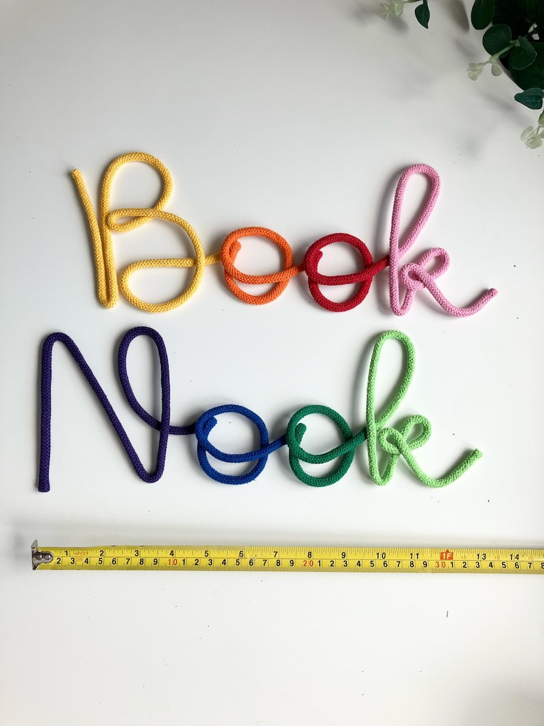 Personalized kids reading corner decor, rainbow rope Book Nook wall sign for playroom