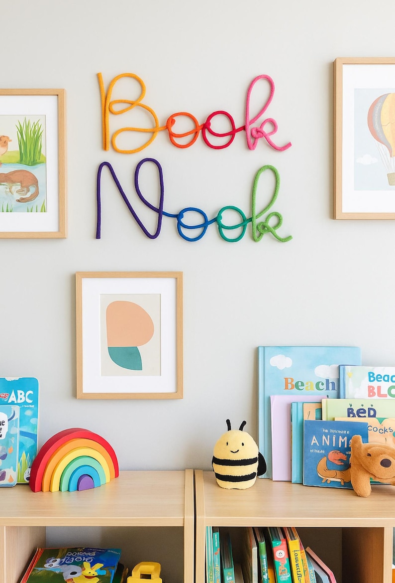 Playroom reading corner rainbow Book Nook sign gift idea for book-loving kids.