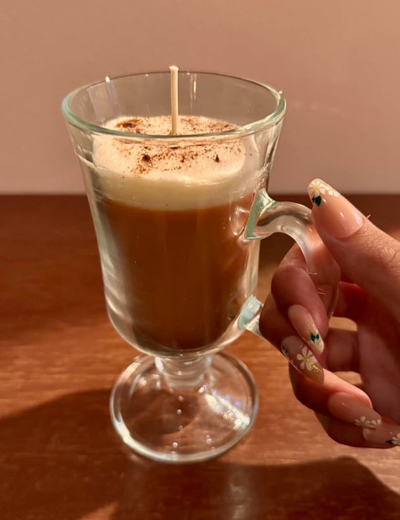 Irish Coffee Scented Candle with foam and cinnamon powder atop the beautiful candle appearing exactly like the Irish Coffee drink.