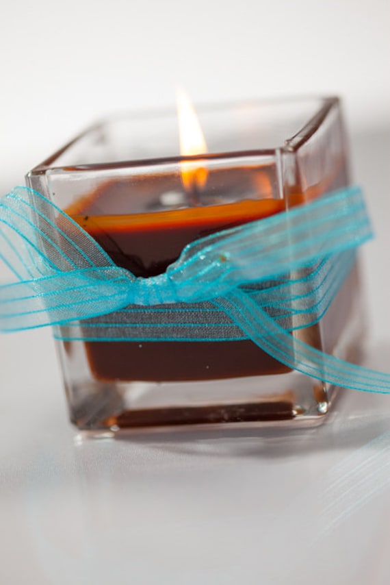 Decadent Chocolate and Raspberry Scented Soy Candle in charming 4 oz. cube glass with blue ribbon affectionately called "Sexual Chocolate."