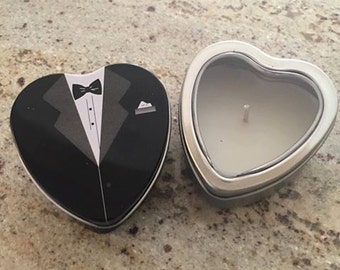 Heart shaped tin container scented candles for wedding reception and decorating. Makes great favors and perfect at wedding dinner rehearsal